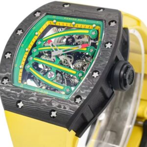 DONG HO RICHARD MILLE RM59 01 REPLICA VO CARBON DEN MAT XANH LA DAY CAO SU VANG TOURBILLON 43x50xMM 7