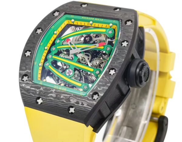 DONG HO RICHARD MILLE RM59 01 REPLICA VO CARBON DEN MAT XANH LA DAY CAO SU VANG TOURBILLON 43x50xMM 7