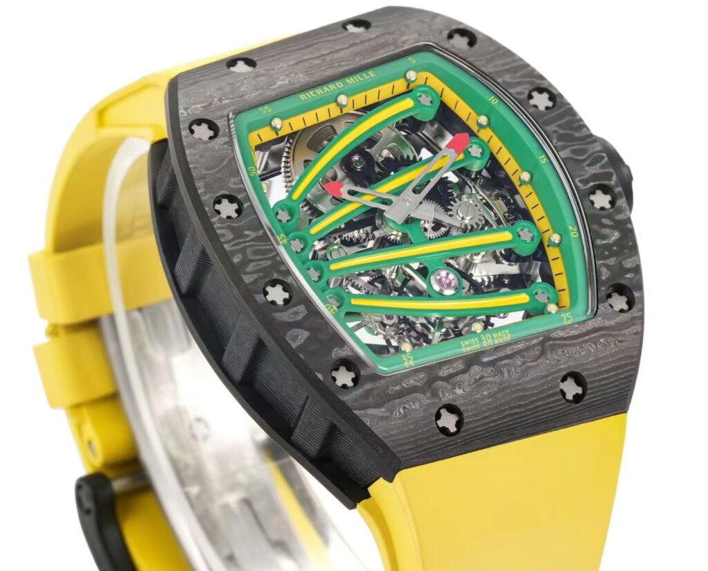 DONG HO RICHARD MILLE RM59 01 REPLICA VO CARBON DEN MAT XANH LA DAY CAO SU VANG TOURBILLON 43x50xMM 8