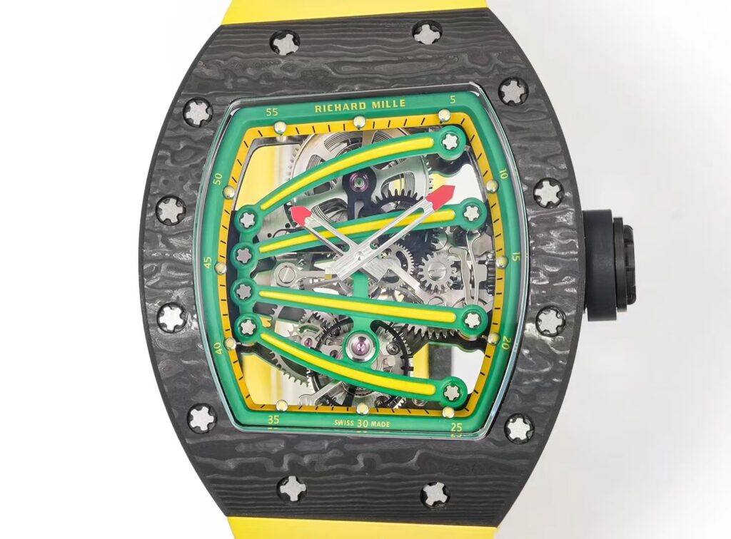 DONG HO RICHARD MILLE RM59 01 REPLICA VO CARBON DEN MAT XANH LA DAY CAO SU VANG TOURBILLON 43x50xMM 9
