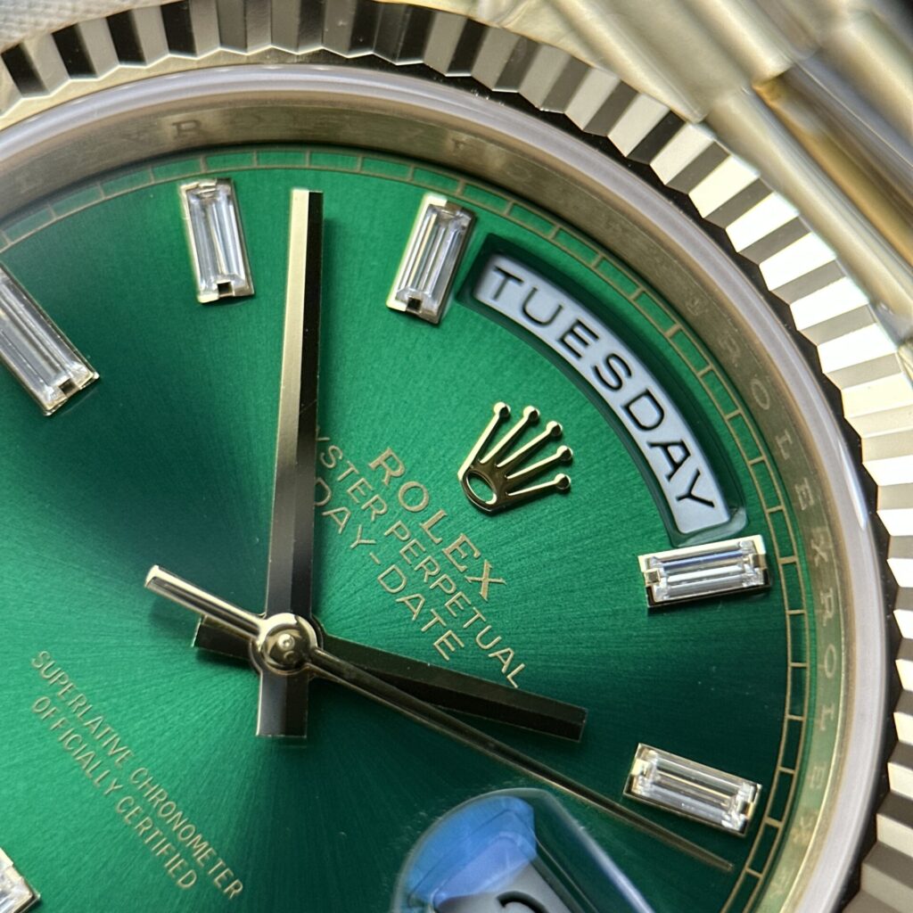 ROLEX DAY DATE M128238 0130 BEST REPLICA WATCHES GOLD PLATE GREEN DIAL BAGUETTE HOURS MOVEMENT CALIBRE 3255 SUPER CLONE RC FACTORY 40MM 11