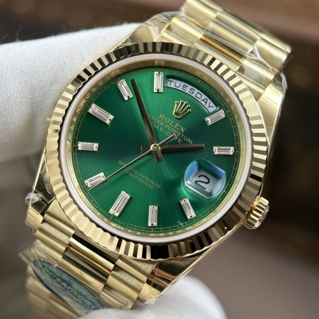 ROLEX DAY DATE M128238 0130 BEST REPLICA WATCHES GOLD PLATE GREEN DIAL BAGUETTE HOURS MOVEMENT CALIBRE 3255 SUPER CLONE RC FACTORY 40MM 13