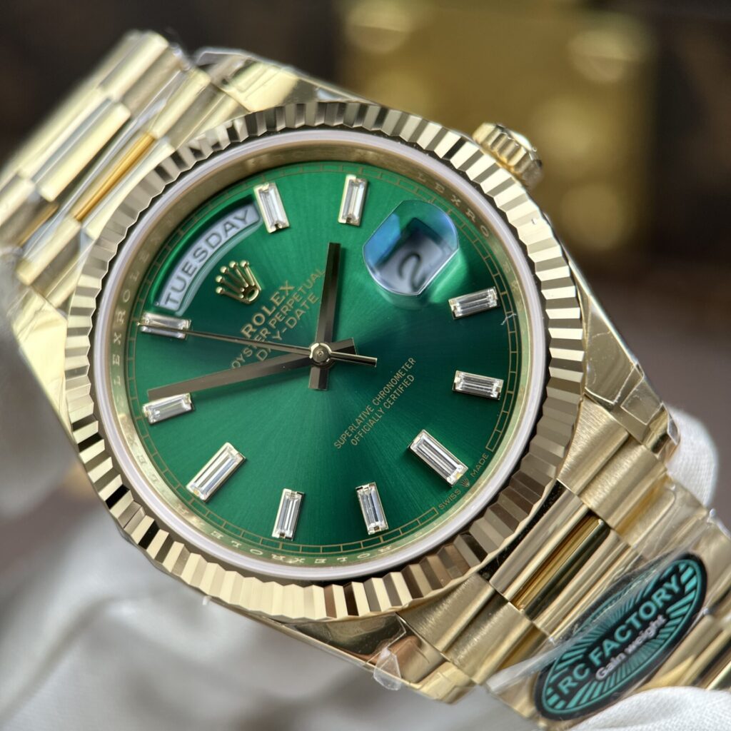 ROLEX DAY DATE M128238 0130 BEST REPLICA WATCHES GOLD PLATE GREEN DIAL BAGUETTE HOURS MOVEMENT CALIBRE 3255 SUPER CLONE RC FACTORY 40MM 14