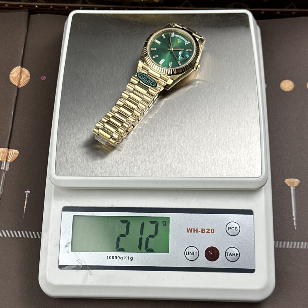 ROLEX DAY DATE M128238 0130 BEST REPLICA WATCHES GOLD PLATE GREEN DIAL BAGUETTE HOURS MOVEMENT CALIBRE 3255 SUPER CLONE RC FACTORY 40MM 18