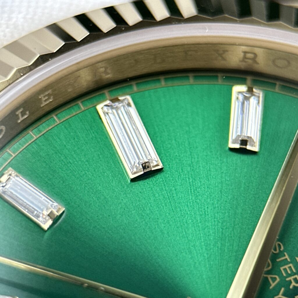 ROLEX DAY DATE M128238 0130 BEST REPLICA WATCHES GOLD PLATE GREEN DIAL BAGUETTE HOURS MOVEMENT CALIBRE 3255 SUPER CLONE RC FACTORY 40MM 9